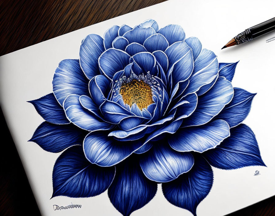Detailed drawing of blue flower on wooden surface with black pen