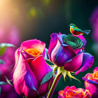 Purple Roses with Bird in Warm Light Background