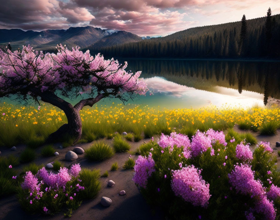 Tranquil Lake Scene: Pink Tree, Wildflowers, Purple Shrubs, Dusk Sky