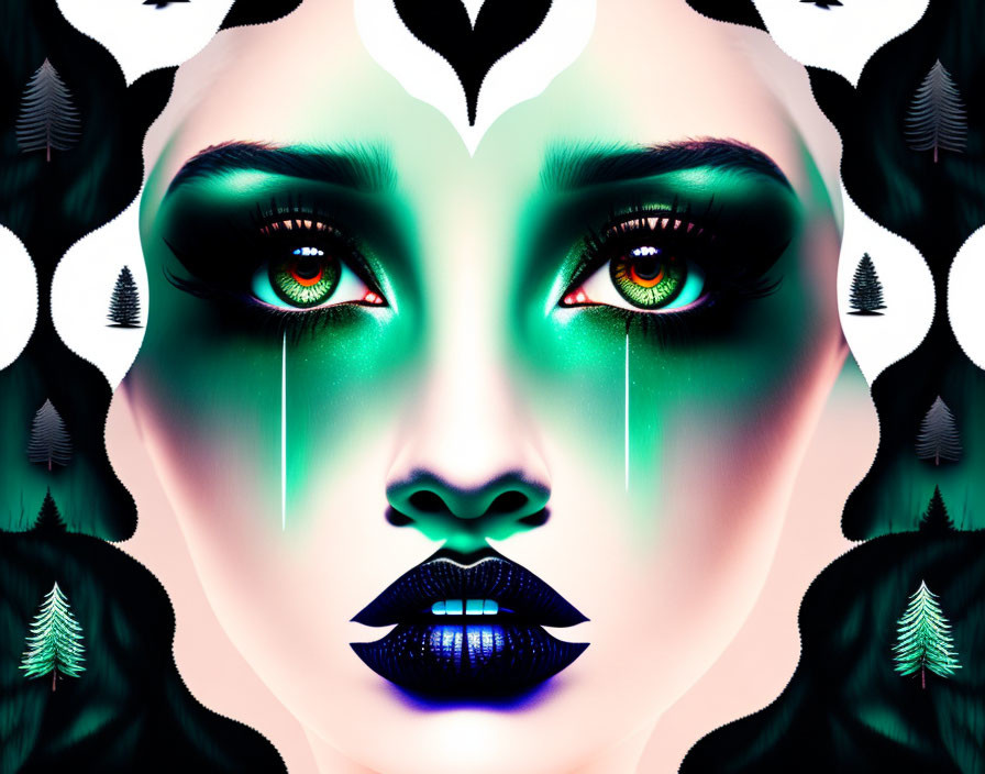 Symmetrical digital art: Woman's face with green eyes, tears, surrounded by trees and leaves in