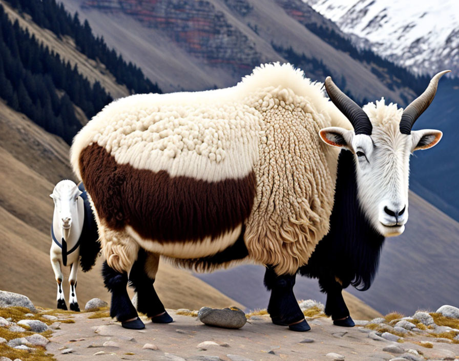 Exaggeratedly fluffy sheep and goat on mountain backdrop