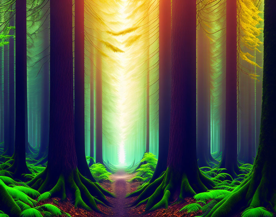 Lush forest path with tall trees and radiant light beam