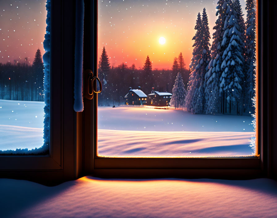 Snow-covered trees and warm house glow in tranquil winter dusk scene.