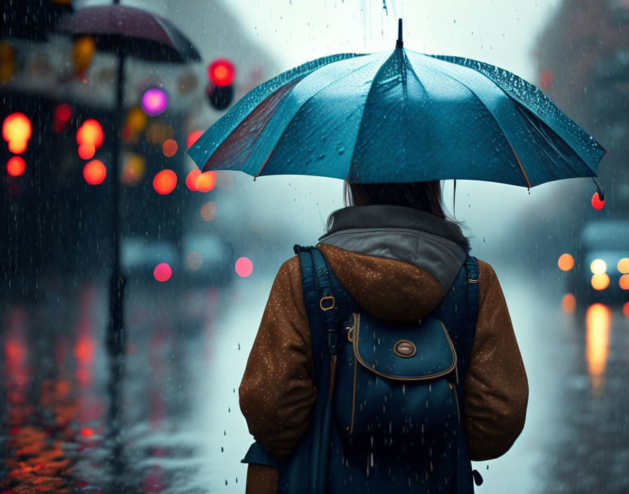 Urban scene: Person with backpack and blue umbrella in rain with glowing traffic lights.