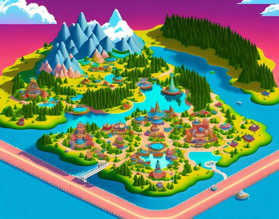Vibrant illustration of whimsical island with Asian village, mountains, and bridges
