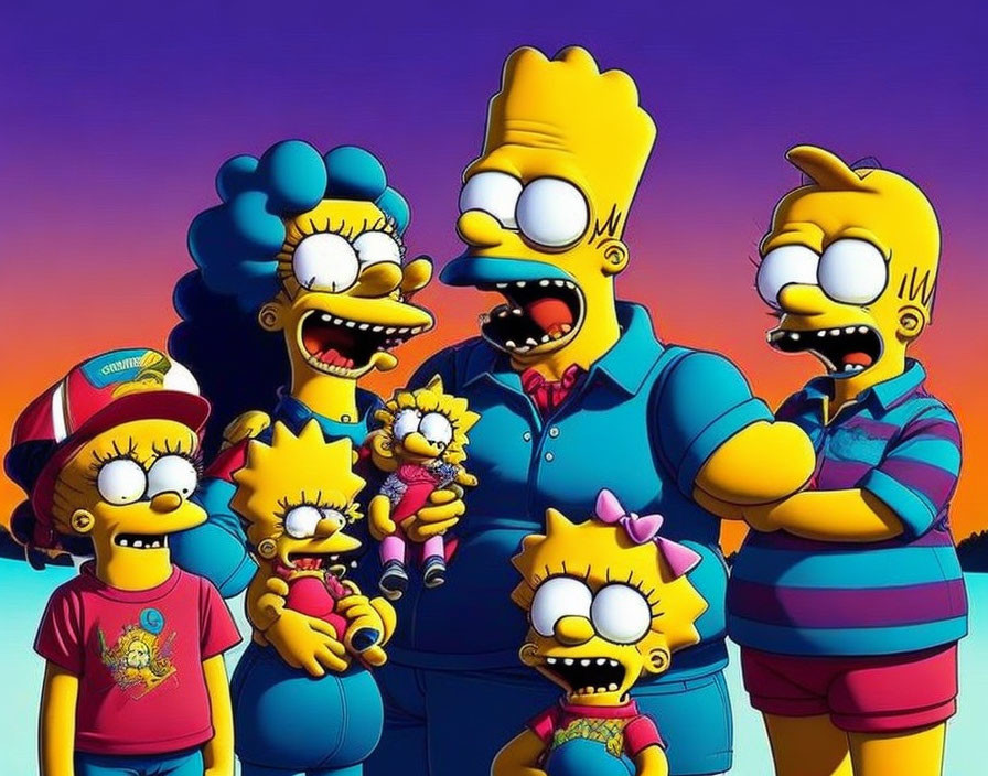 Animated series characters: Simpson family standing together at sunset