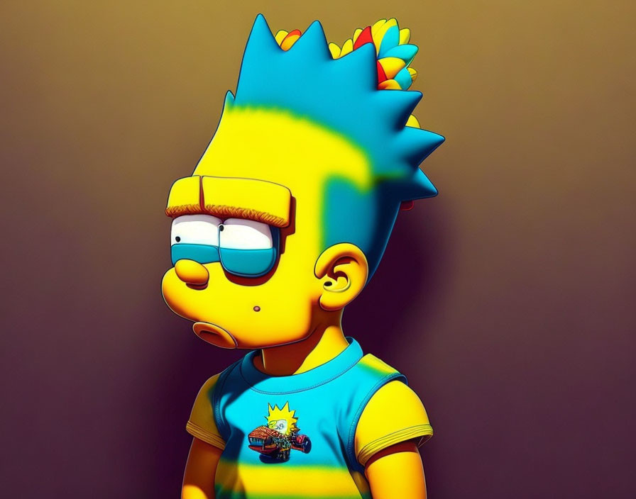 3D rendering of Bart Simpson with spiky hair on brown background