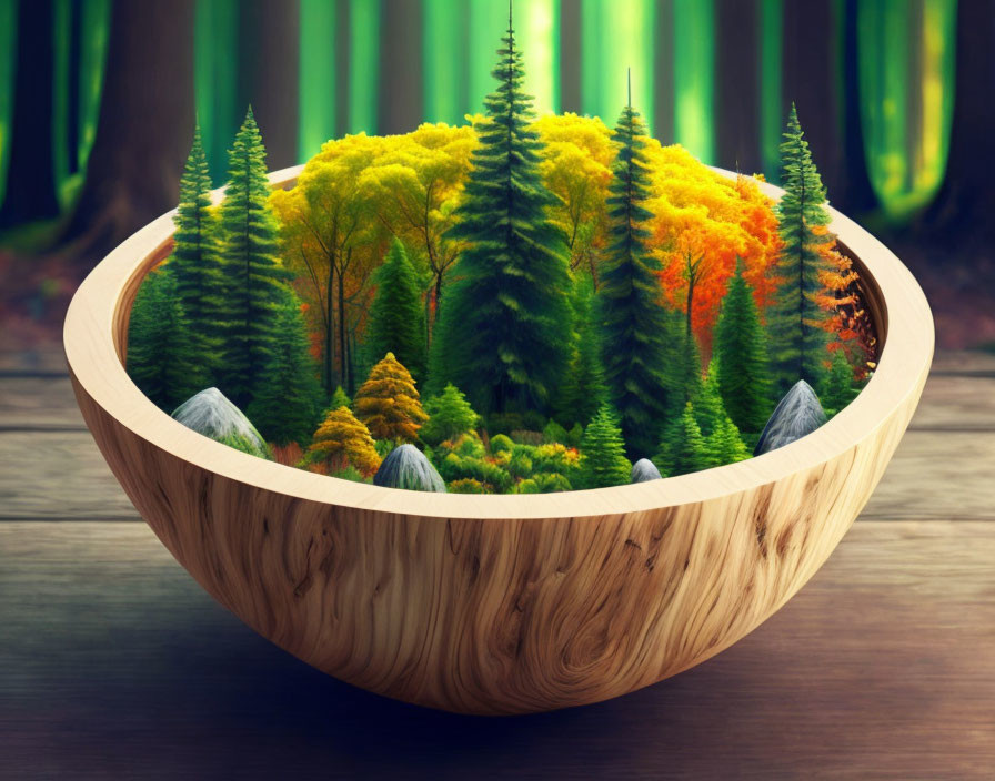 Autumn-colored trees in wooden bowl against forest backdrop