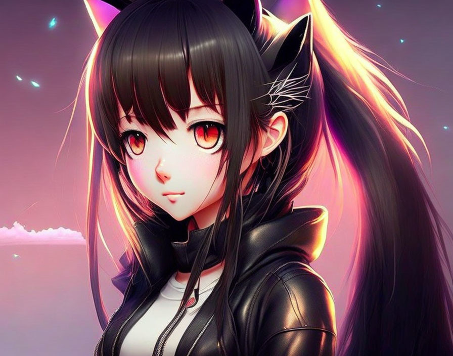 Anime-style girl with cat ears and black hair in black jacket on pink and purple background