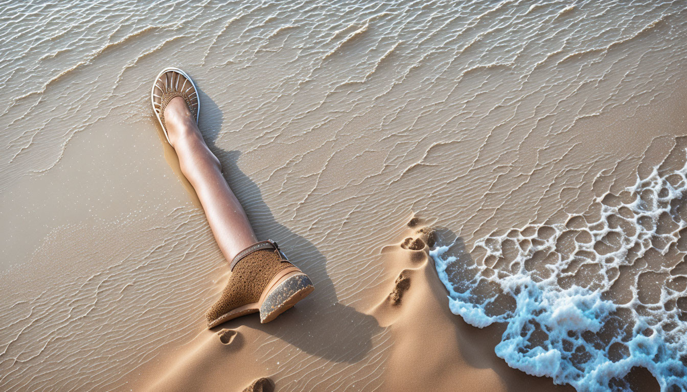 Person's leg in brown boot partially buried in sand with approaching waves