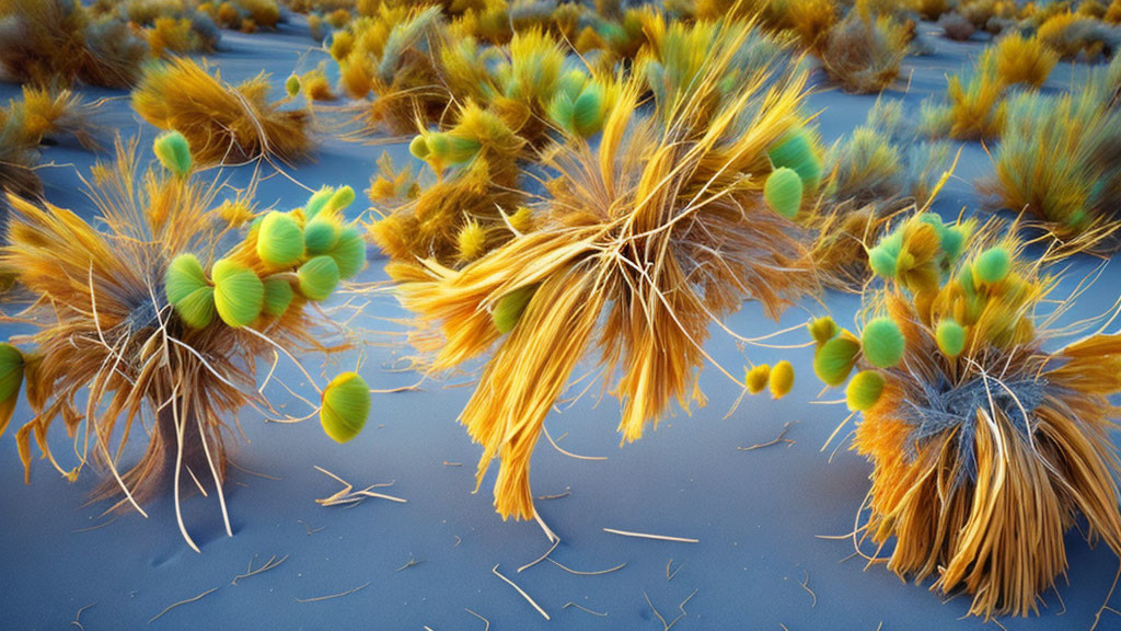 Tufted desert plants with green spheres in golden foliage on sandy terrain