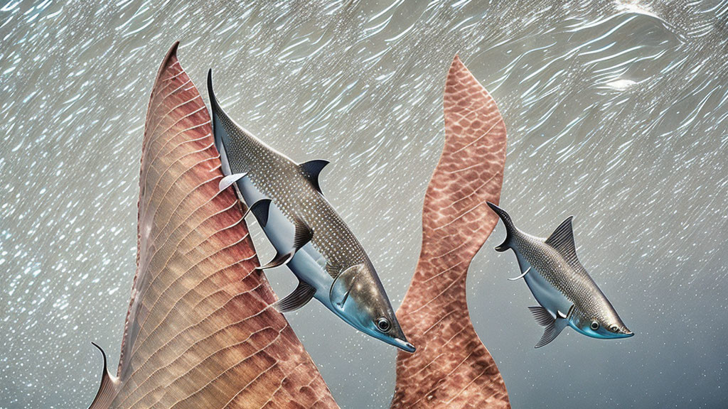 Metallic Sharks Swimming Underwater with Unique Fin-Like Designs