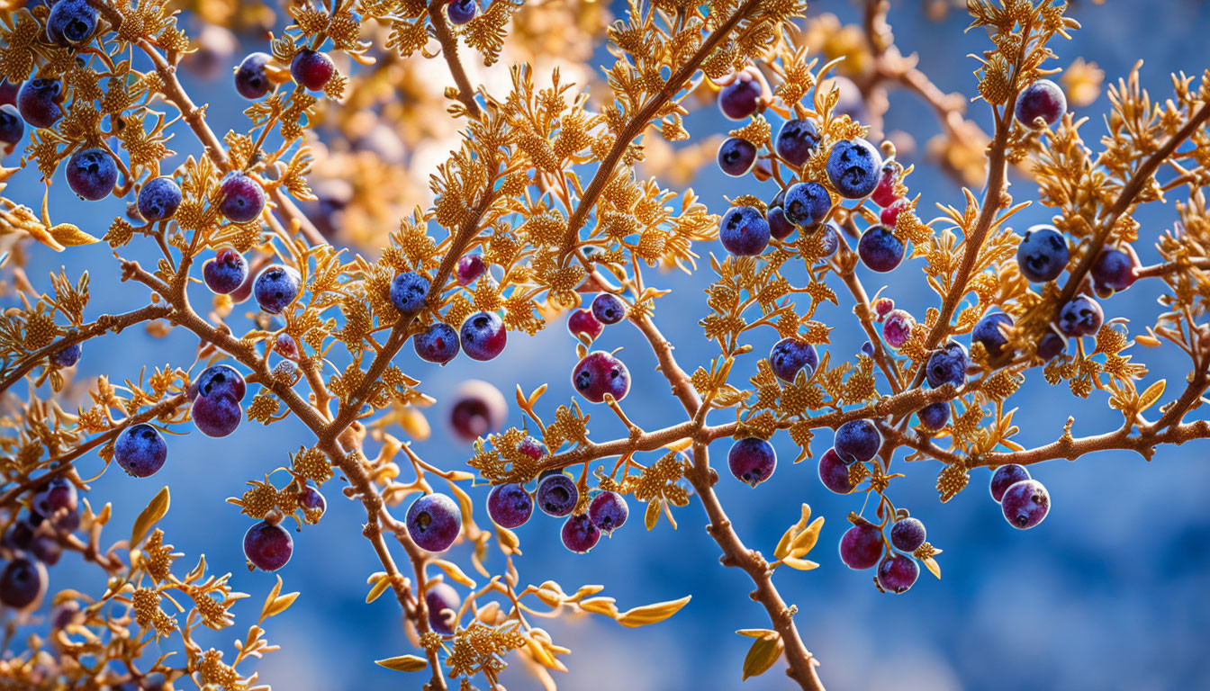 Close-up of vibrant juniper berries on brown branches against soft-focus blue sky
