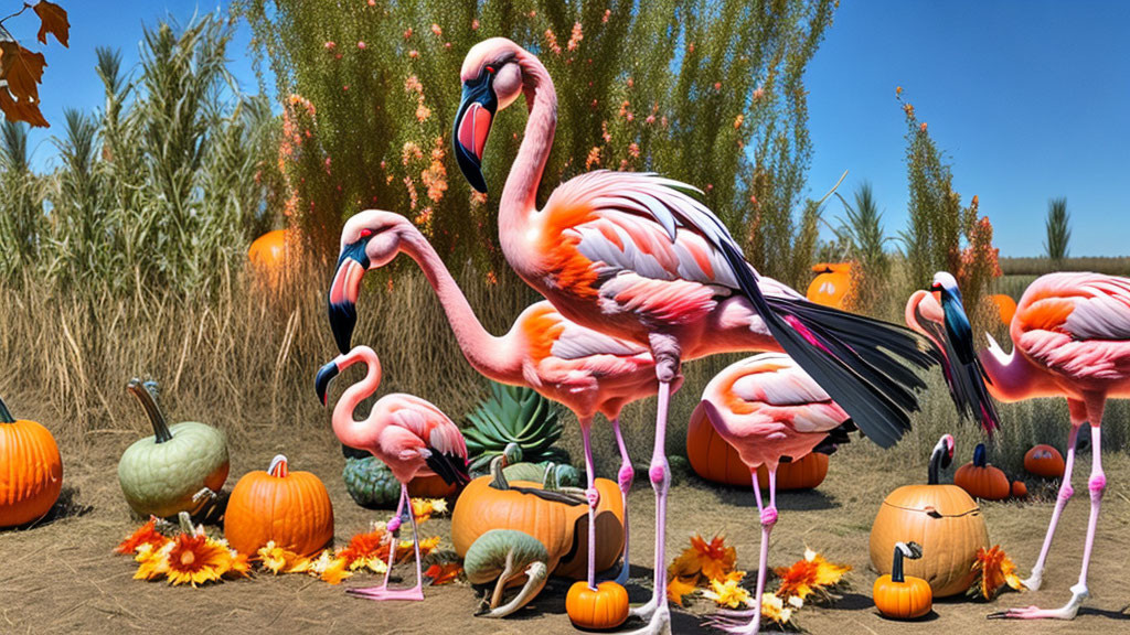 Flamingos with pumpkins and autumn foliage under blue sky