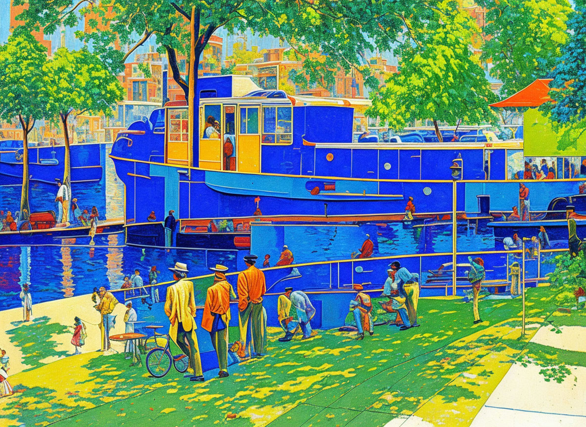 Colorful illustration of people by canal with blue boat