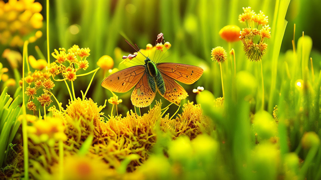 Colorful Butterfly Resting on Yellow Flowers in Sunlight