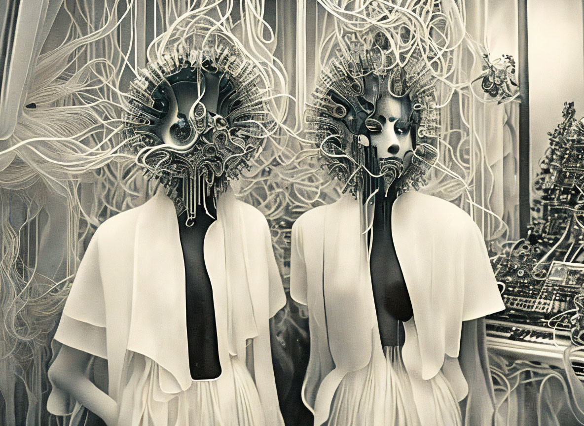 Futuristic mannequins in white draped clothing with elaborate masks against intricate mechanical background