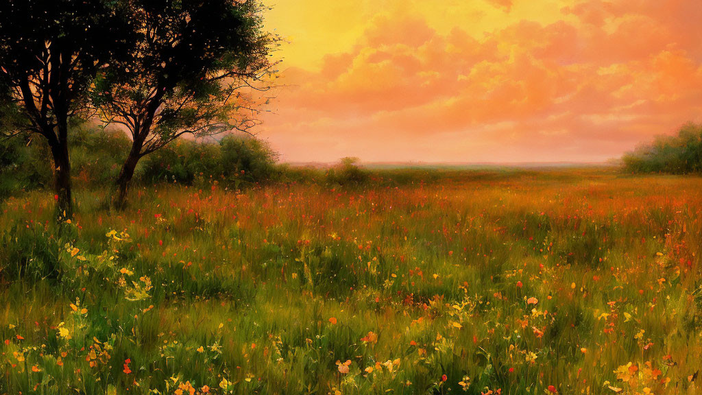 Colorful Meadow Landscape at Sunset with Wildflowers and Solitary Tree