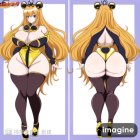 Anime-style illustration of voluptuous character in black and gold outfit with cat ears, featuring front and back