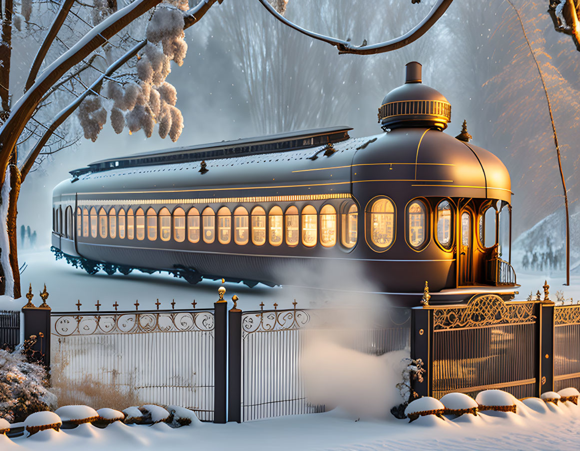 Fantastical glowing airship above snow-covered ground and elegant gate
