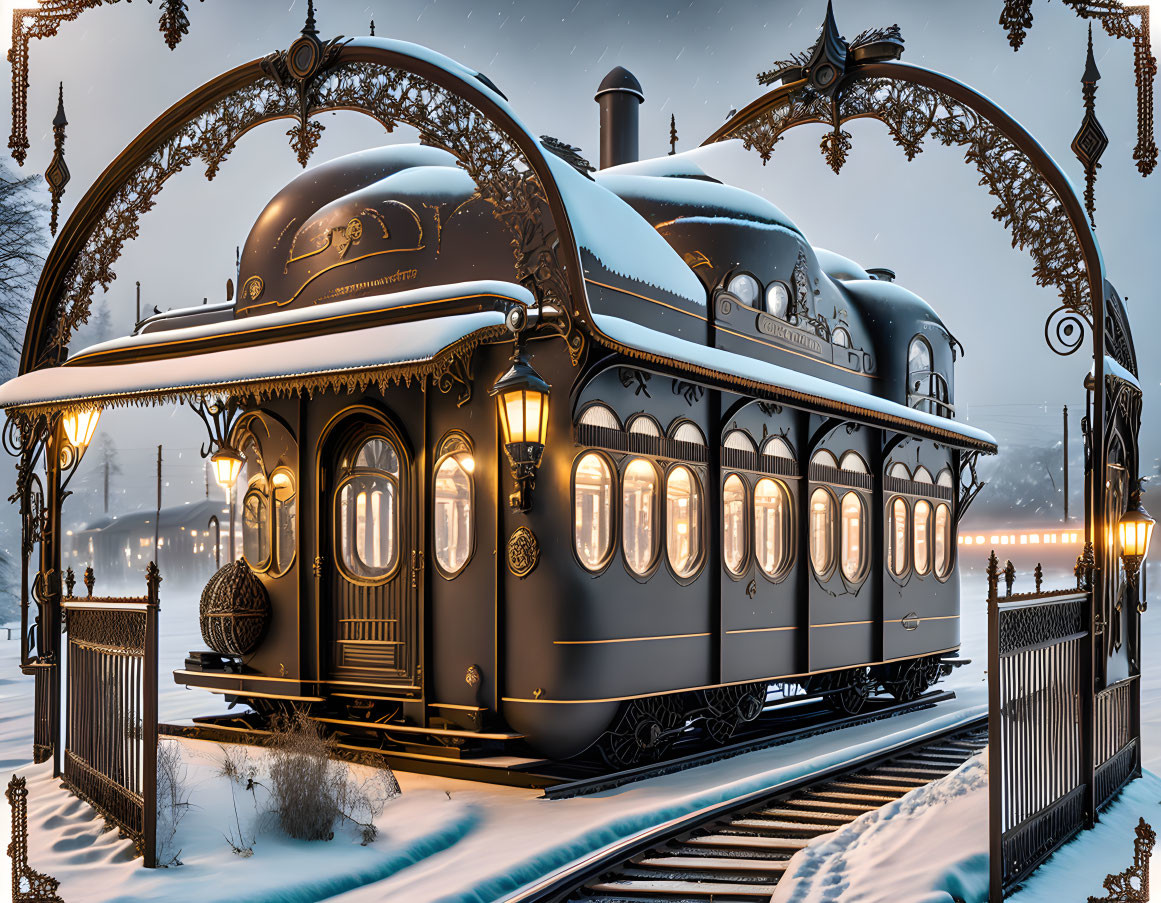 Vintage train station with lavish carriage in snowy setting