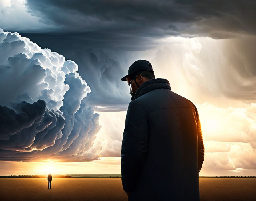 Man in coat and hat gazes at distant figure under dramatic sky