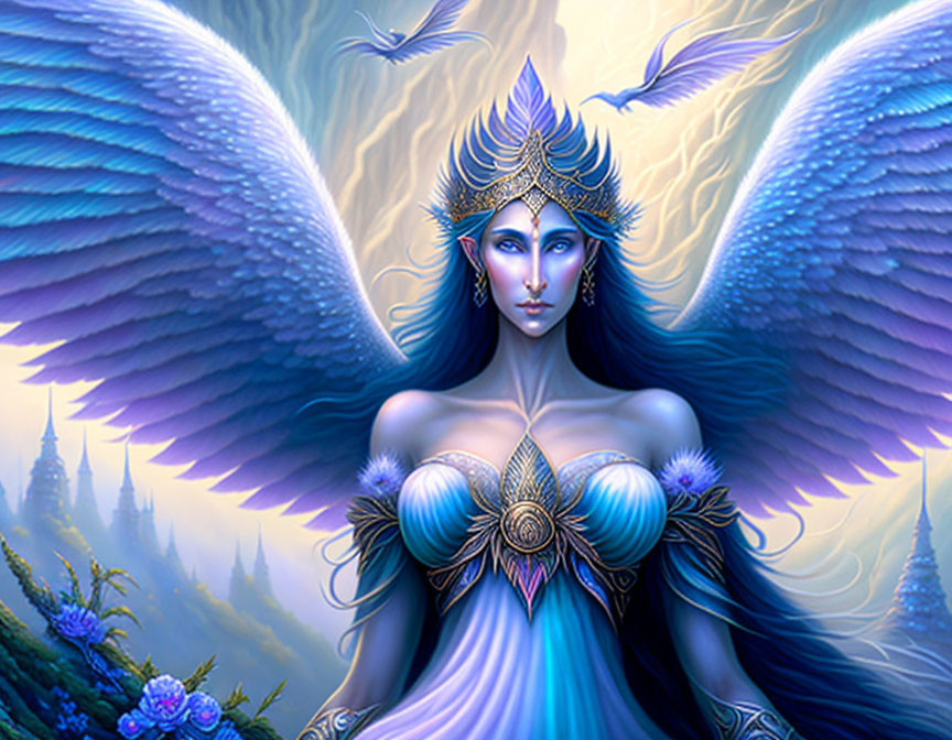 Mythical angelic figure with large blue wings in fantastical setting
