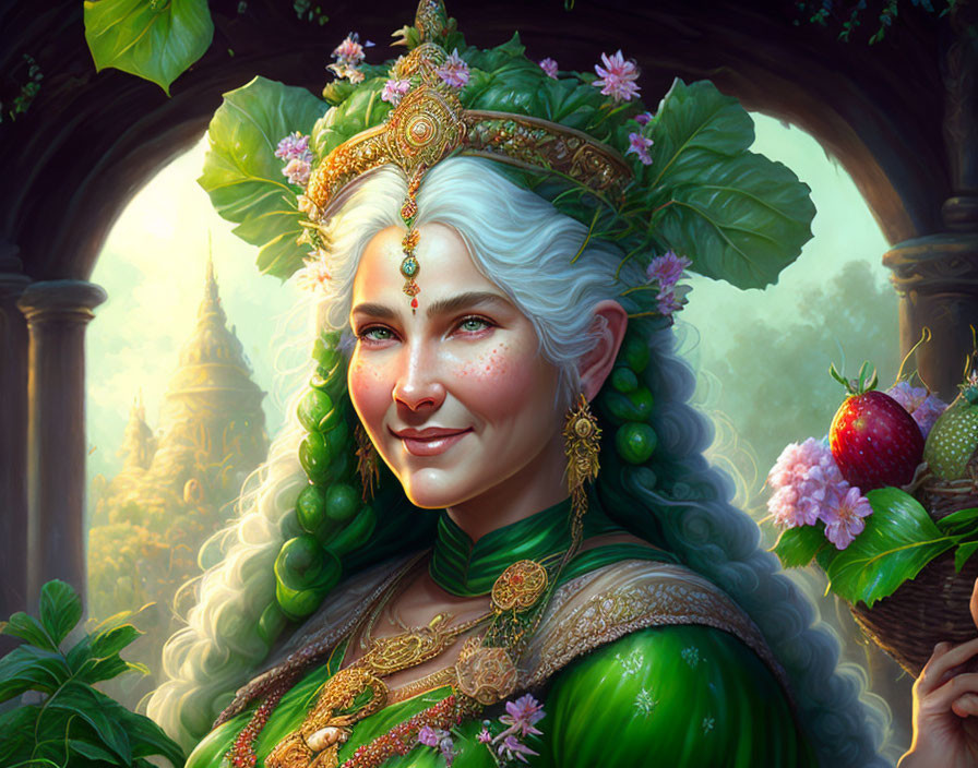 Smiling elven woman with white hair in golden tiara and green attire among lush greenery and