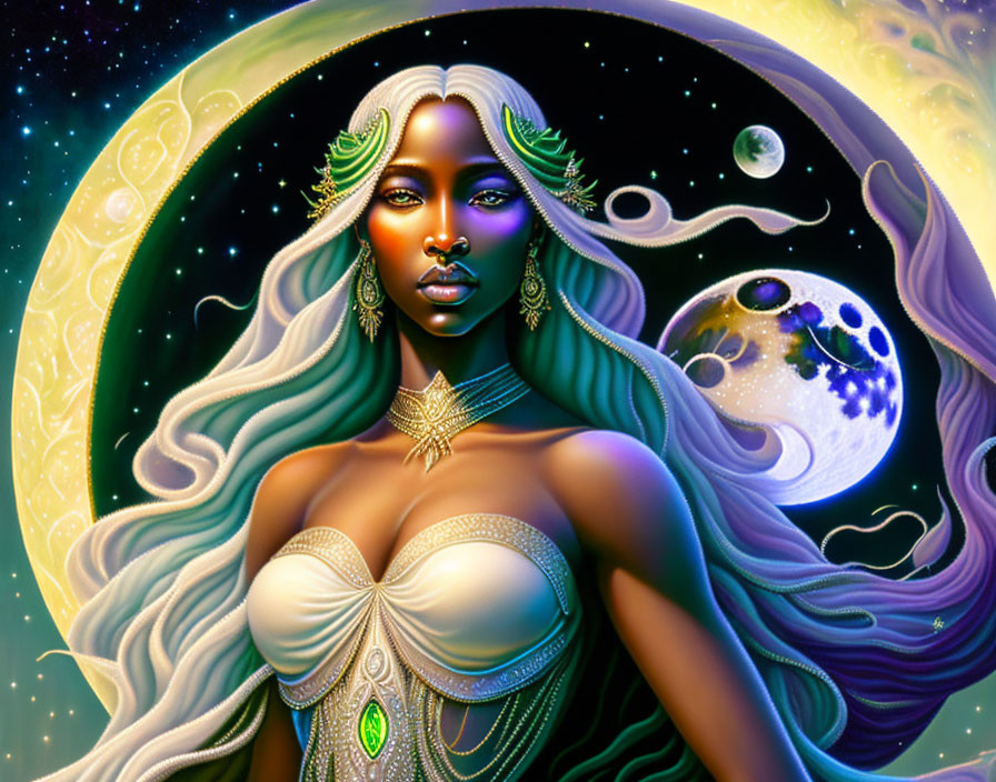 White-haired cosmic female figure in gold necklace and dress against cosmic-themed backdrop.