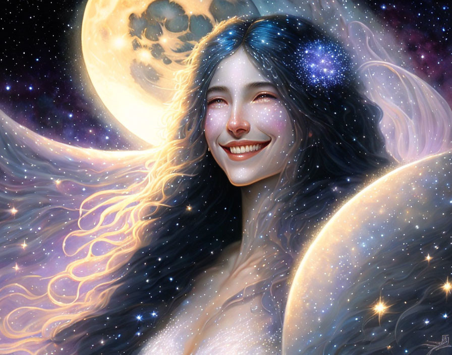 Surreal portrait of smiling woman with cosmic hair and moon in starry sky