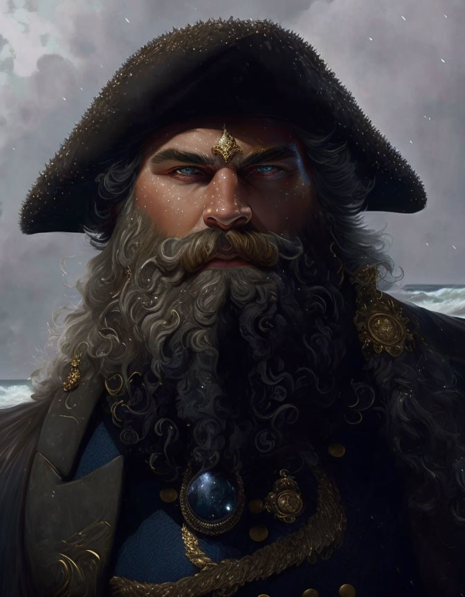 Fictional pirate portrait with grey beard and blue attire