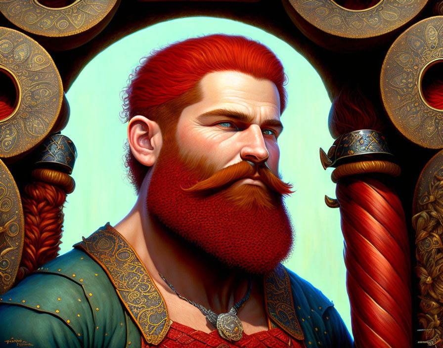 Digital art portrait of regal man with voluminous red beard in medieval-style clothing framed by ornate