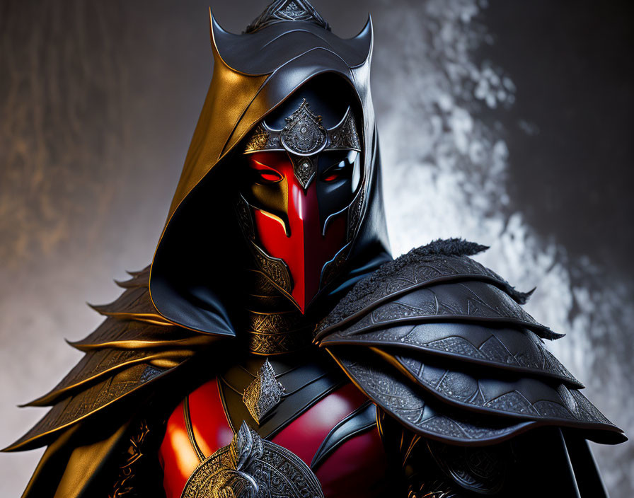 Dark Armor Figure with Red Glowing Eyes and Cape in Moody Setting