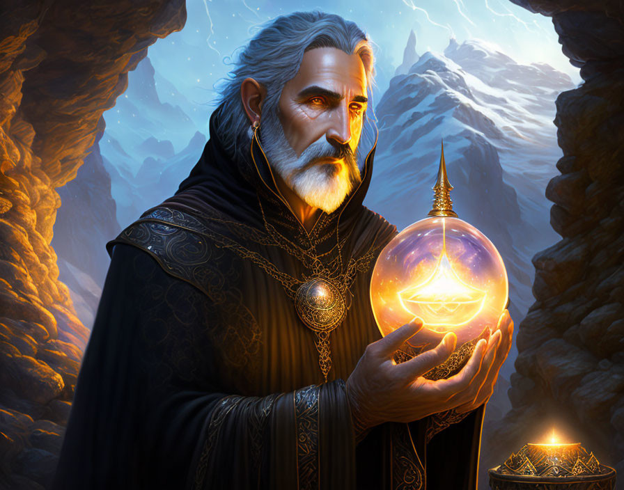 Elderly wizard with white beard holding magical orb against snowy mountains