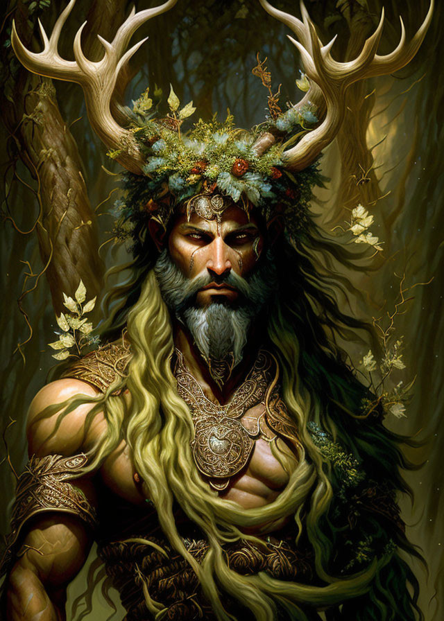 Forest deity with antlers, foliage crown, beard, and armor exudes mystical power