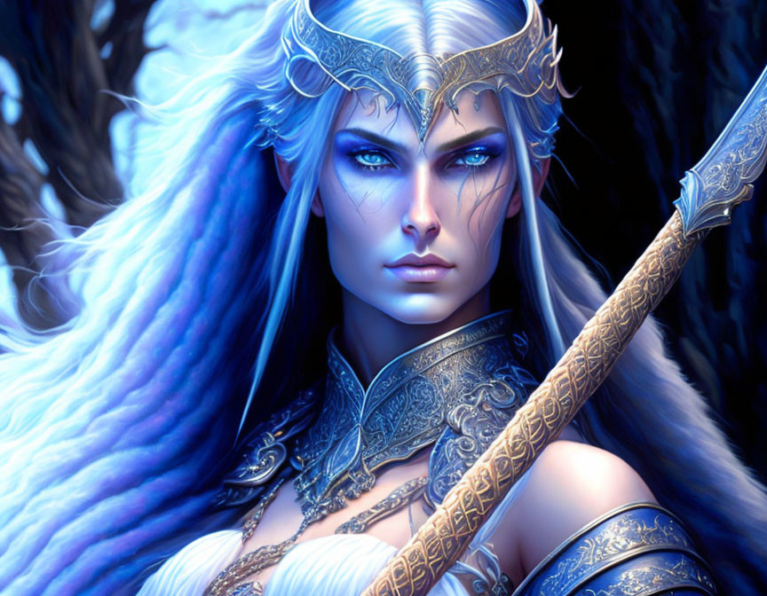 Detailed Fantasy Illustration of Female Elf with White Hair and Spear