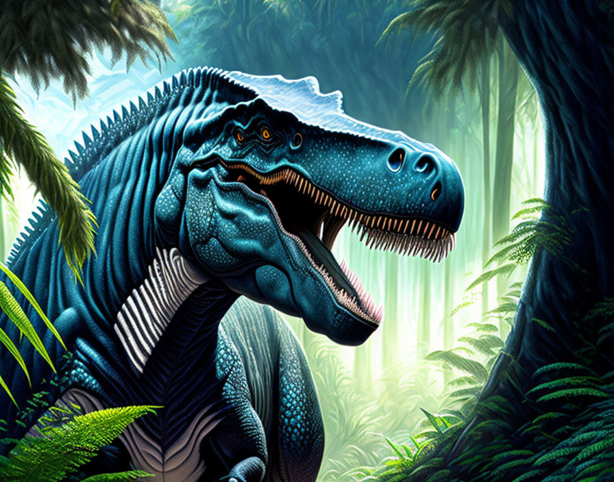 Detailed Blue Dinosaur Illustration in Lush Jungle