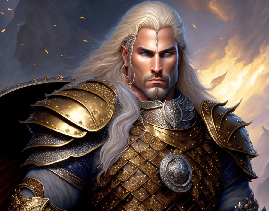 Majestic fantasy warrior in golden armor against fiery backdrop