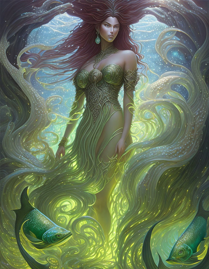 Mystical woman with crimson hair in underwater scene