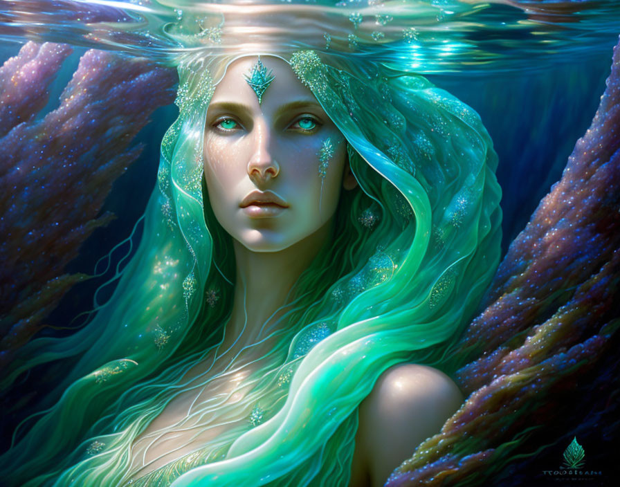 Fantasy illustration of a green-haired mermaid underwater with glittering fish