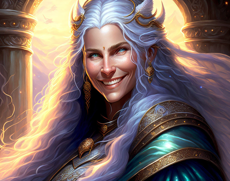 Fantasy character with white hair and golden circlet in blue and gold armor