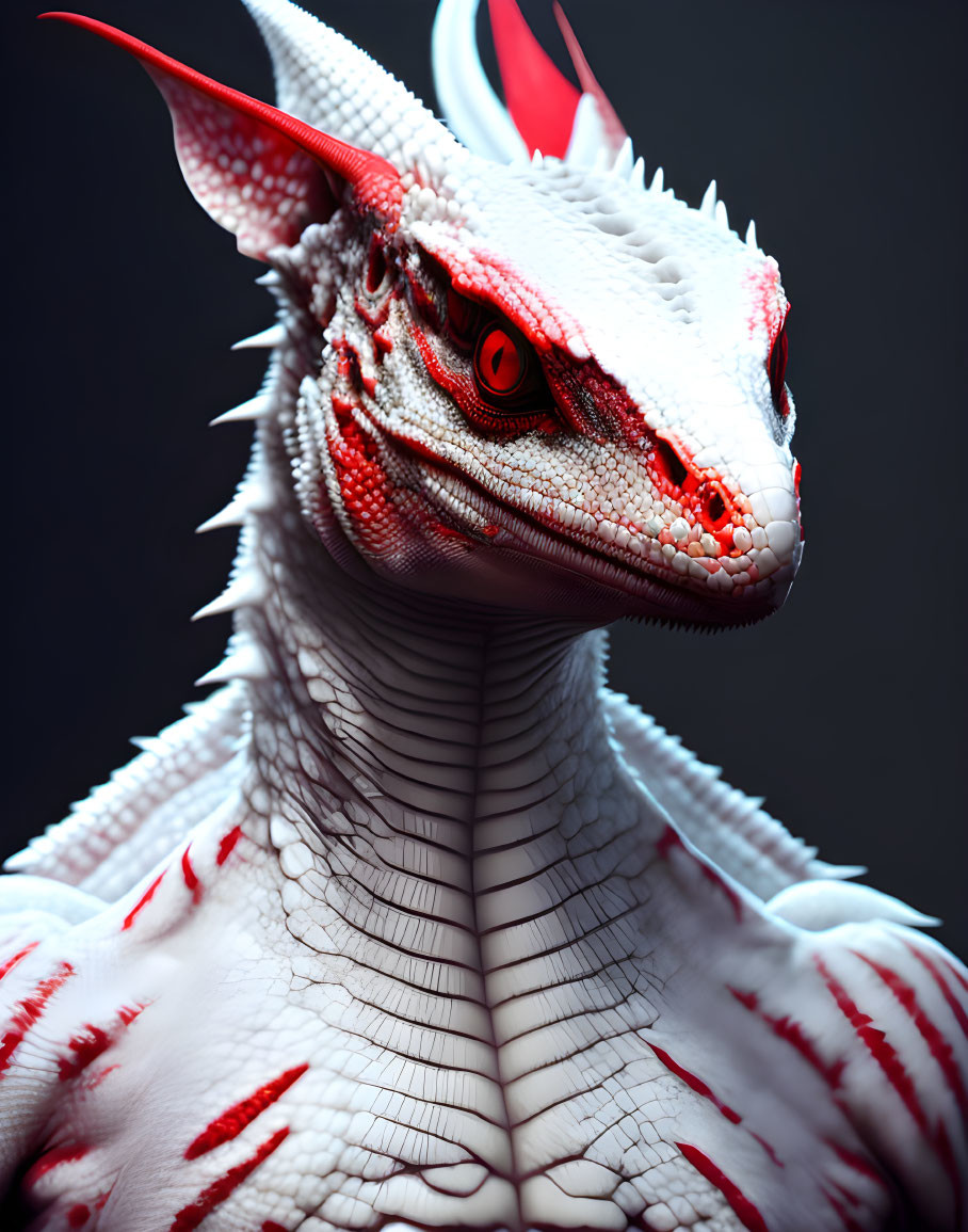 Detailed Close-Up of White and Red Dragon with Striking Features
