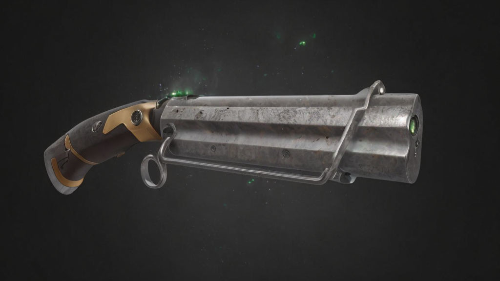 Futuristic grey and brown revolver with green glowing elements