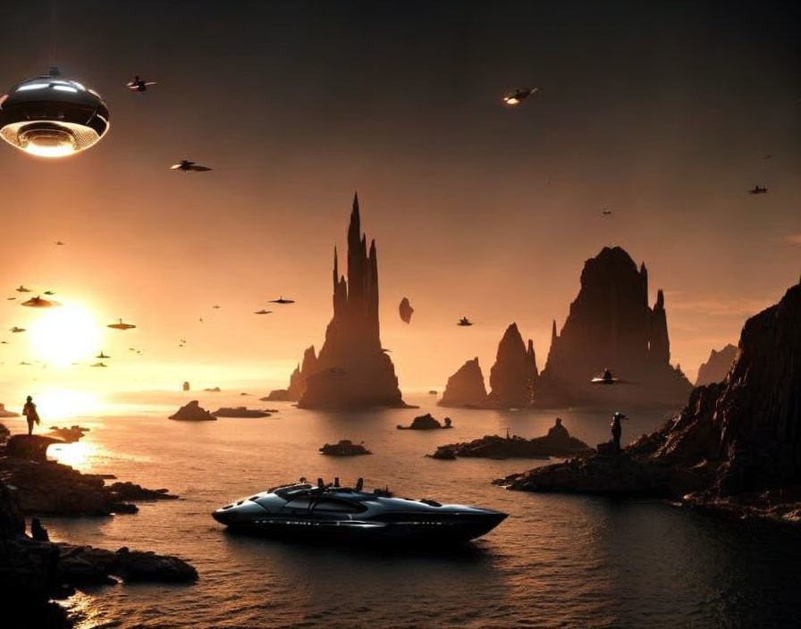 Futuristic sunset scene with towering spires and flying vehicles