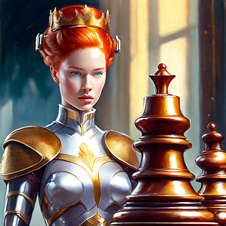 Digital Artwork: Woman with Crown and Chess Pieces Depicting Strength and Strategy