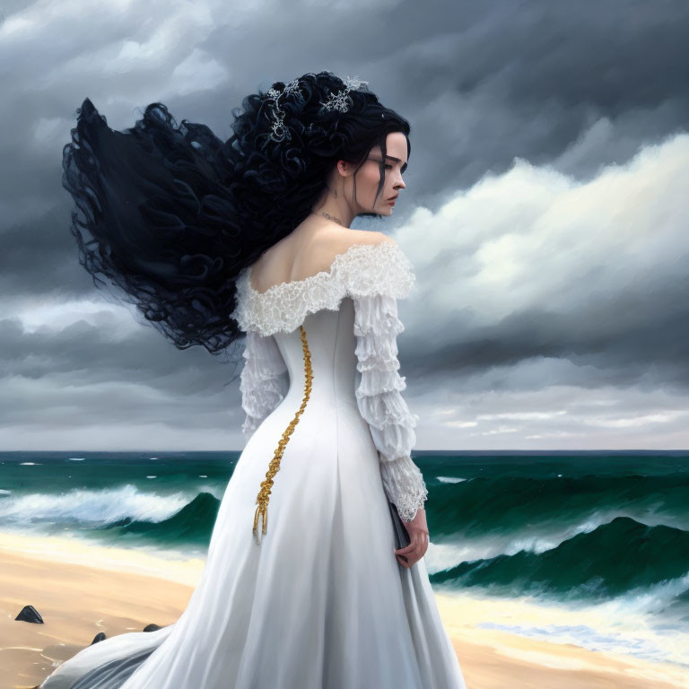 Woman in white gown on beach with dark clouds and turbulent waves