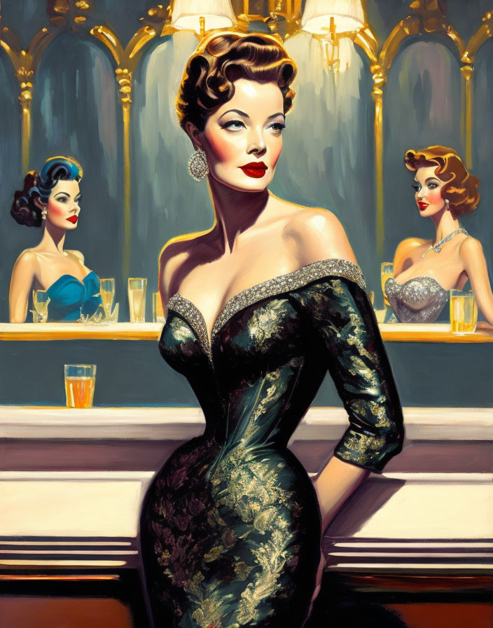 Vintage-style black dress with gold embellishments on elegant woman at a mirrored bar