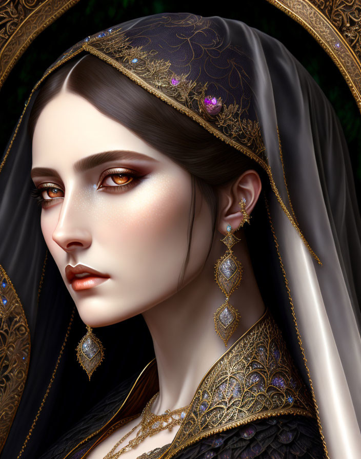 Detailed digital portrait of a woman with intricate headdress, golden jewelry, and regal attire.