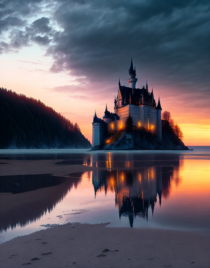Majestic castle on rocky hill with reflection at sunrise