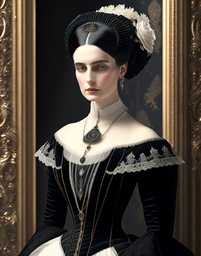 Victorian style portrait of woman with dark hair in updo and elegant attire